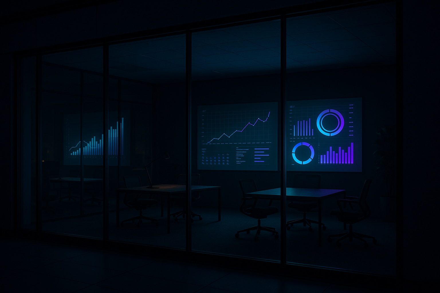 Modern office interior with data visualizations on screens
